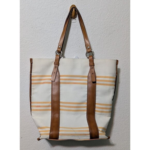 BURBERRY BLUE LABEL Tote Bag Striped Canvas White And Orange Leather Trim - Picture 1 of 8